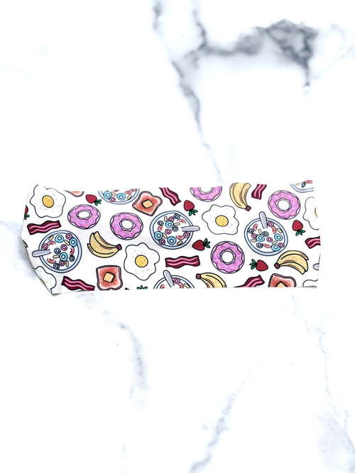 food headband featuring eggs donuts bacon cereal and strawberries