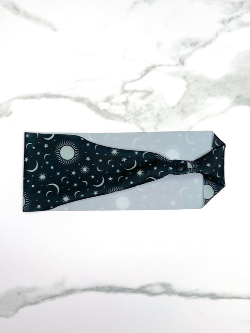 Black Non Slip Yoga Headband with Suns and Moons 