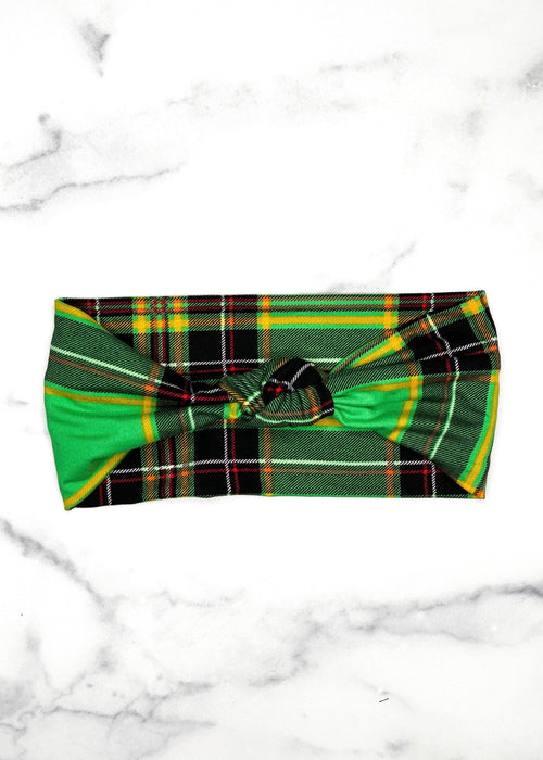 Green Plaid Top Knot Headband