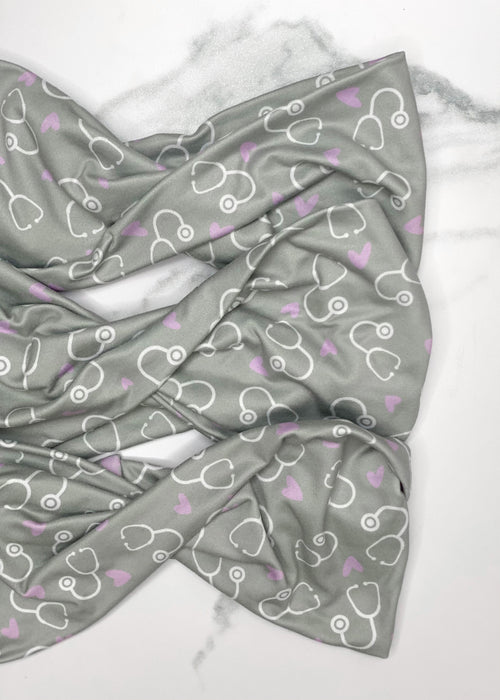 Twisted Headband Nurse Stethoscope and Heart Print Light Grey Headband