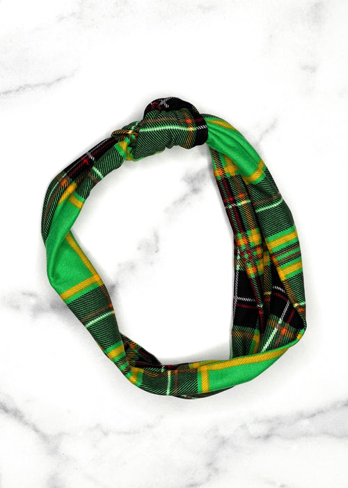 Green Plaid Top Knot Headband