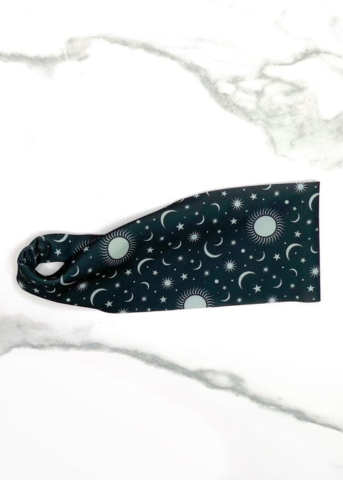 Black Non Slip Yoga Headband with Suns and Moons 