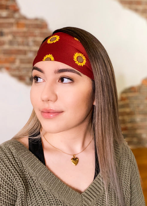 Maroon Sunflowers Antimicrobial Yoga Headband